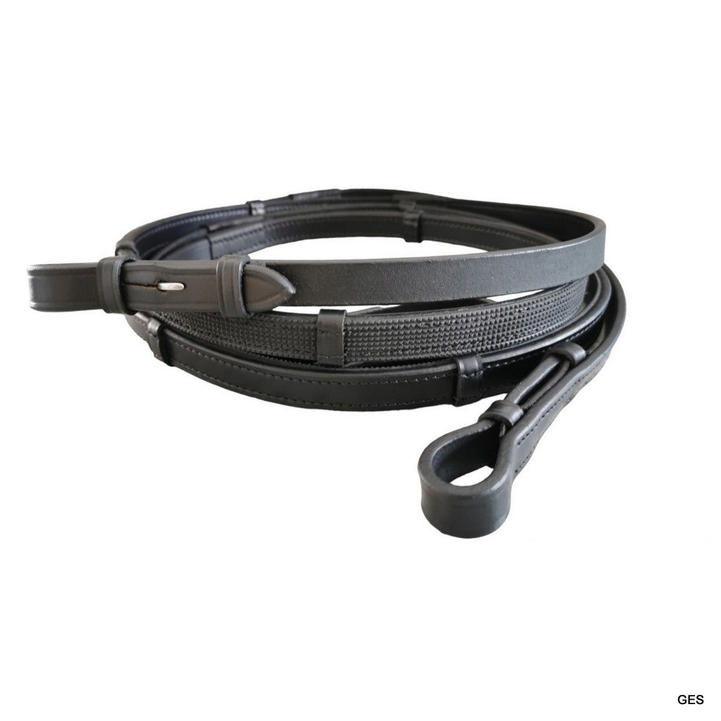 GES Leather Reins With Rubber Grip Back- Black  Foxwood Equestrian | Showing Tack and Saddlery Store